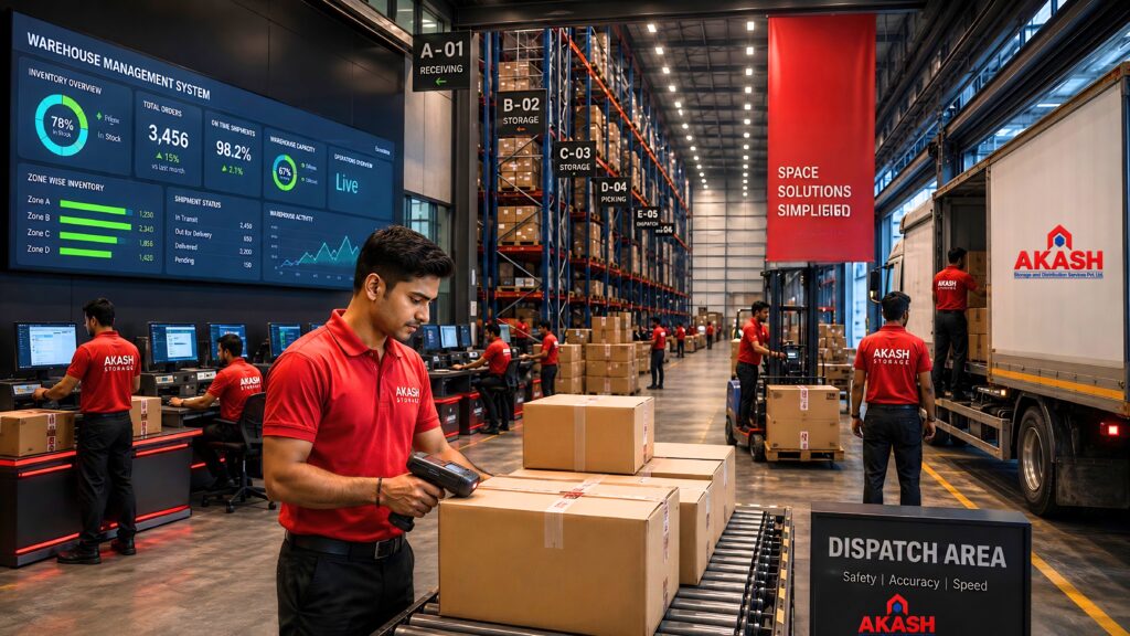 Smart warehousing solutions in Bhiwandi with organized inventory storage and efficient 3PL logistics operations by Akash Storage