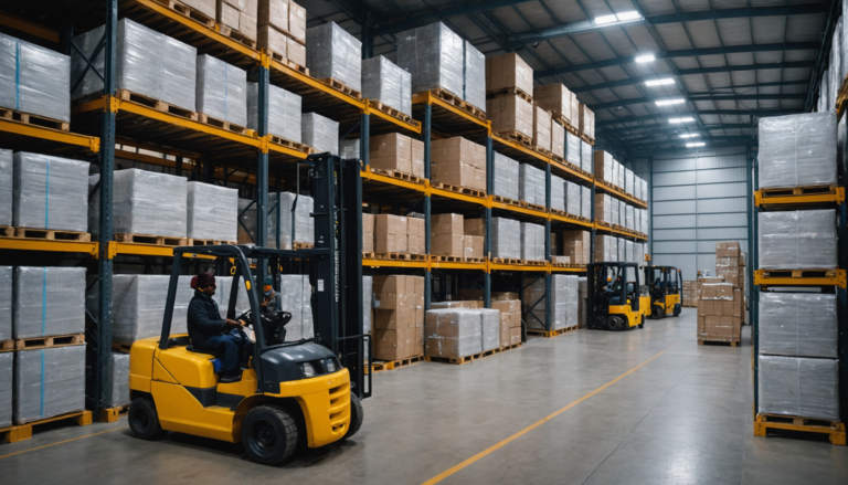 Interior of a modern Indian cold chain warehouse with racked frozen goods and workers in insulated gear